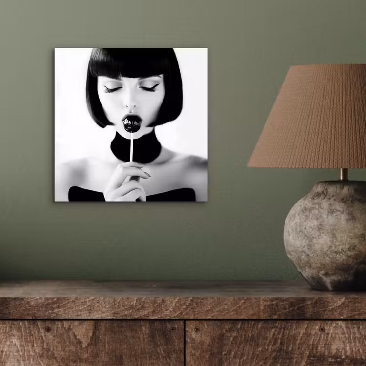 Aluminium schilderij - Vrouw met Lolly Zwart Wit — 3