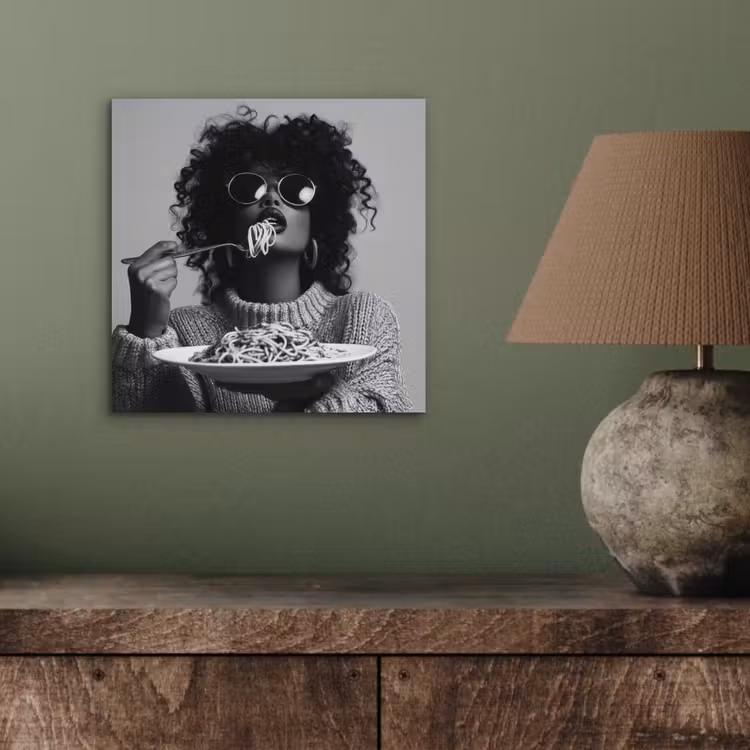 Aluminium schilderij - Vrouw met Krullen Spaghetti Zwart Wit — 3