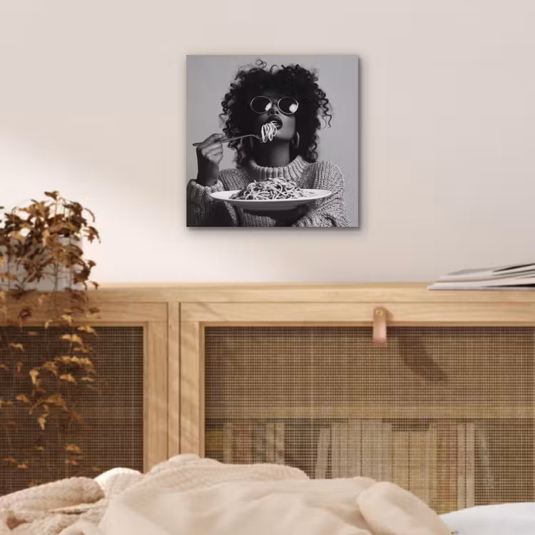 Aluminium schilderij - Vrouw met Krullen Spaghetti Zwart Wit — 4