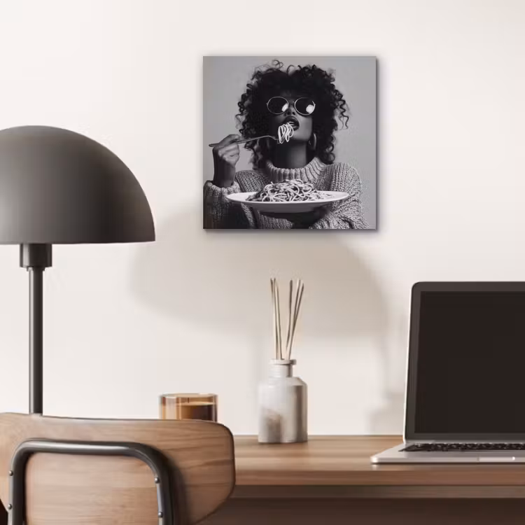 Aluminium schilderij - Vrouw met Krullen Spaghetti Zwart Wit — 6