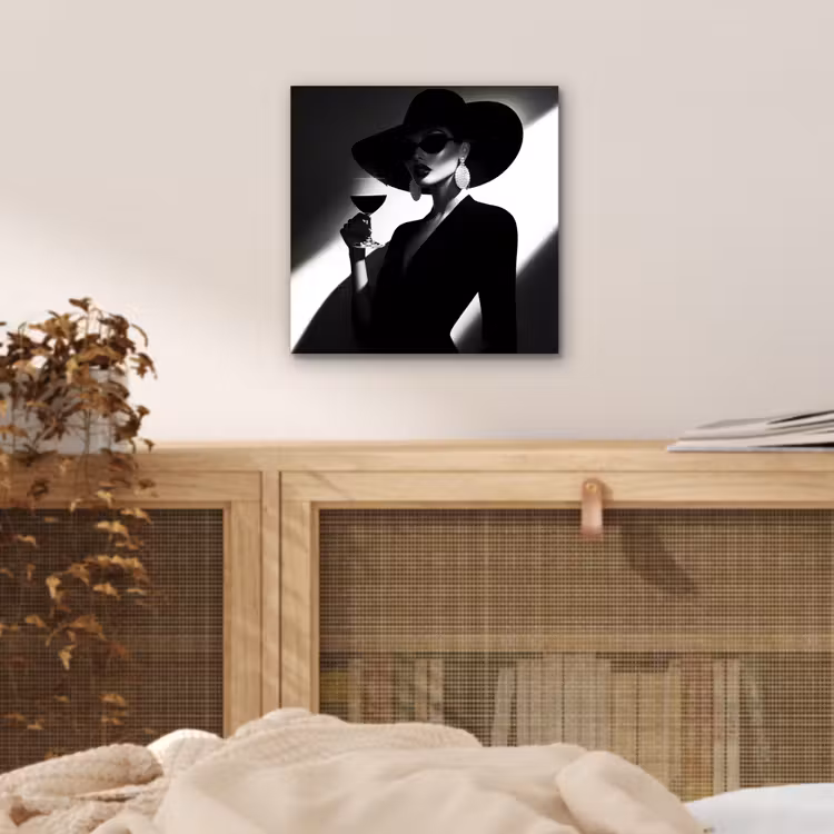 Aluminium schilderij - Vrouw met Hoed Wijnglas Zwart Wit — 4