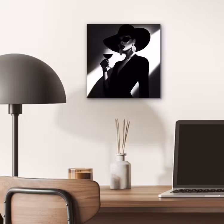 Aluminium schilderij - Vrouw met Hoed Wijnglas Zwart Wit — 6