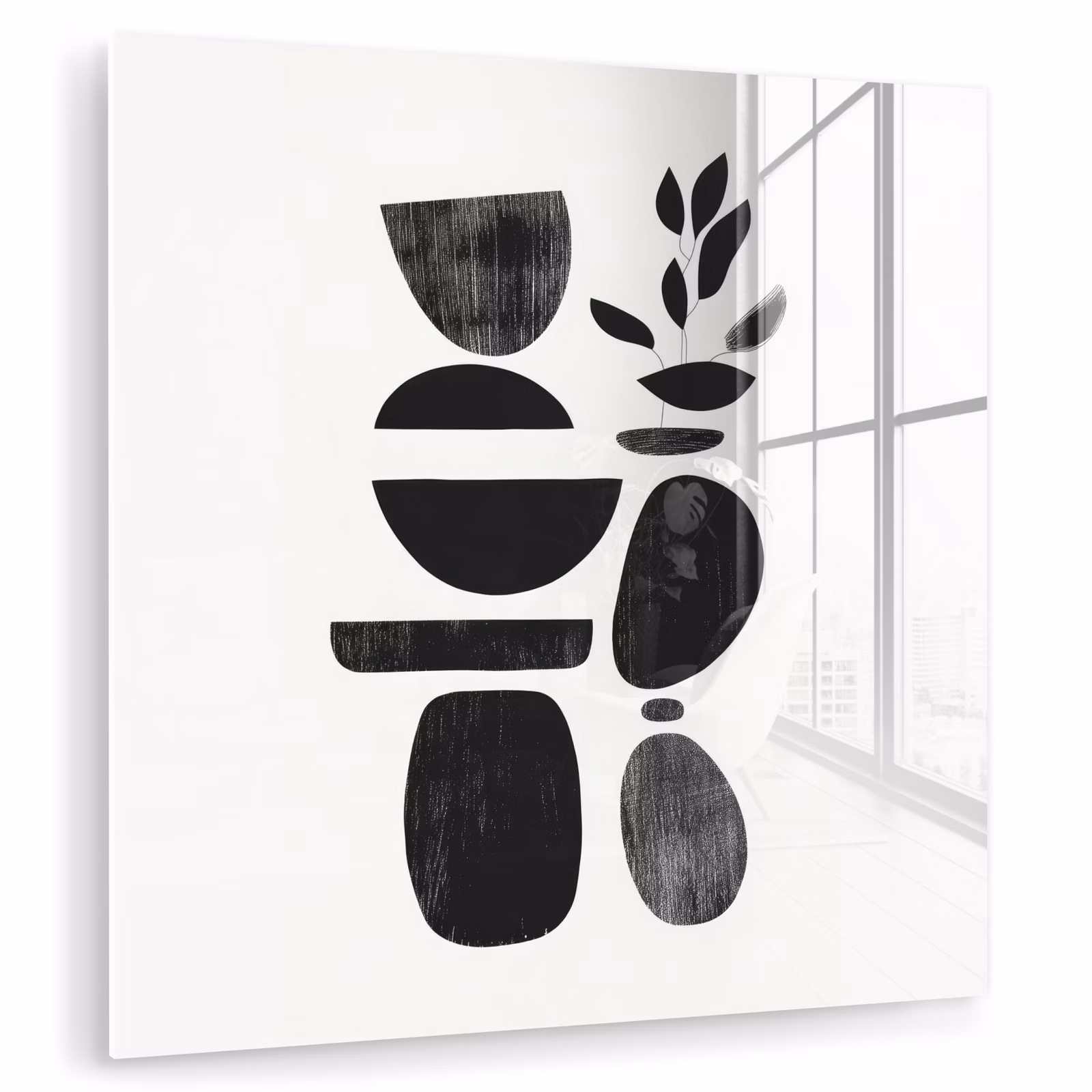 Glas schilderij - Abstracte Vormen Plant Zwart Wit — 1