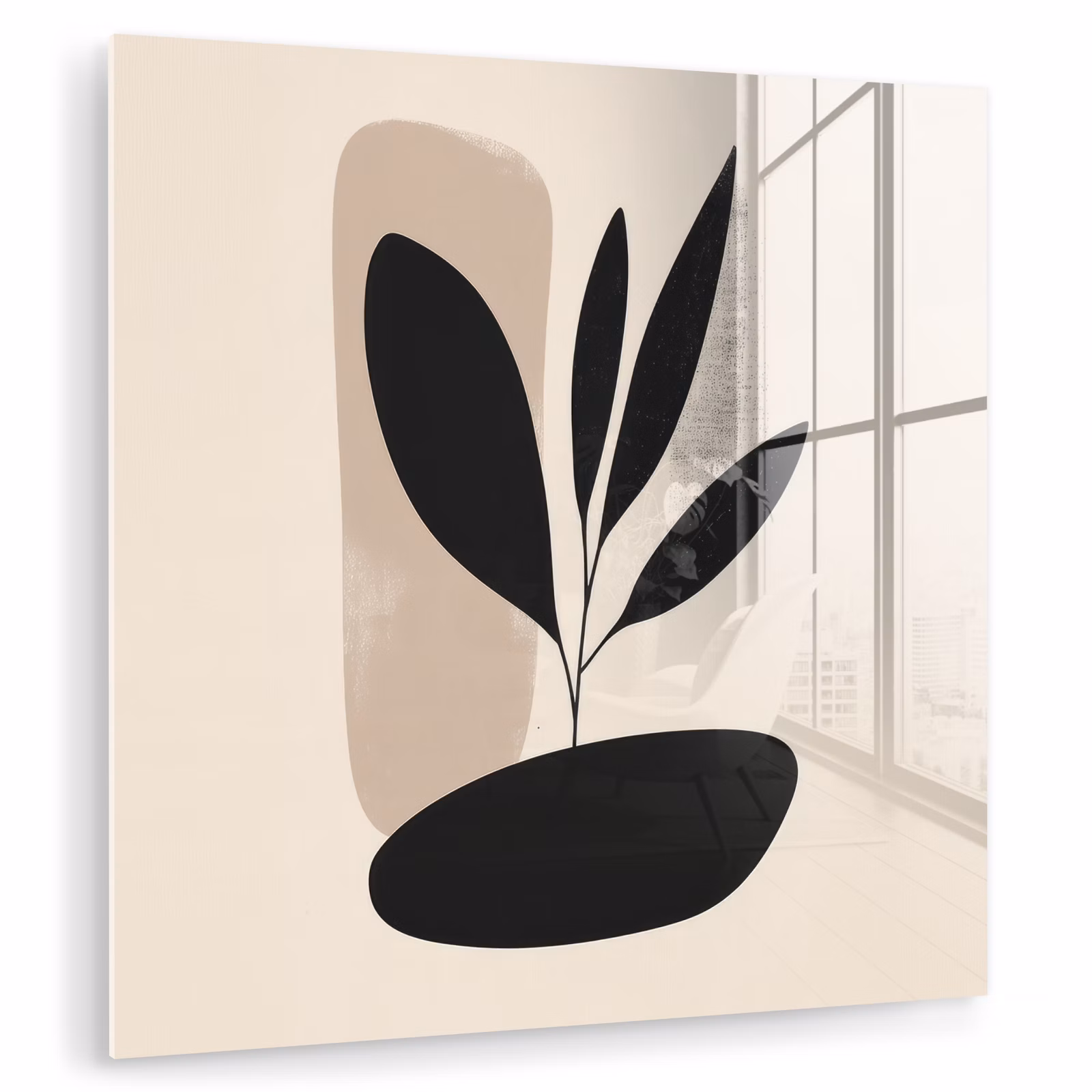 Glas schilderij - Abstracte Plant Zwart Beige — 1