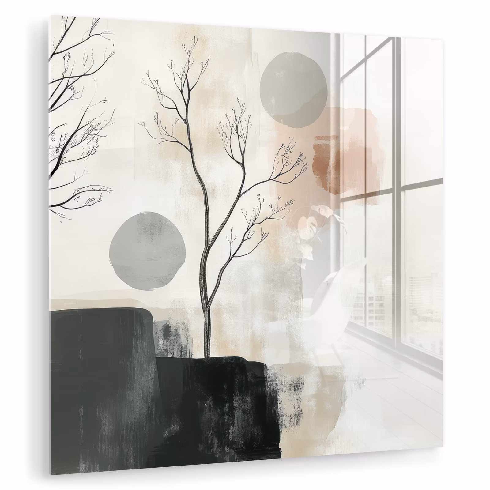Glas schilderij - Abstracte Kale Bomen Cirkels — 1