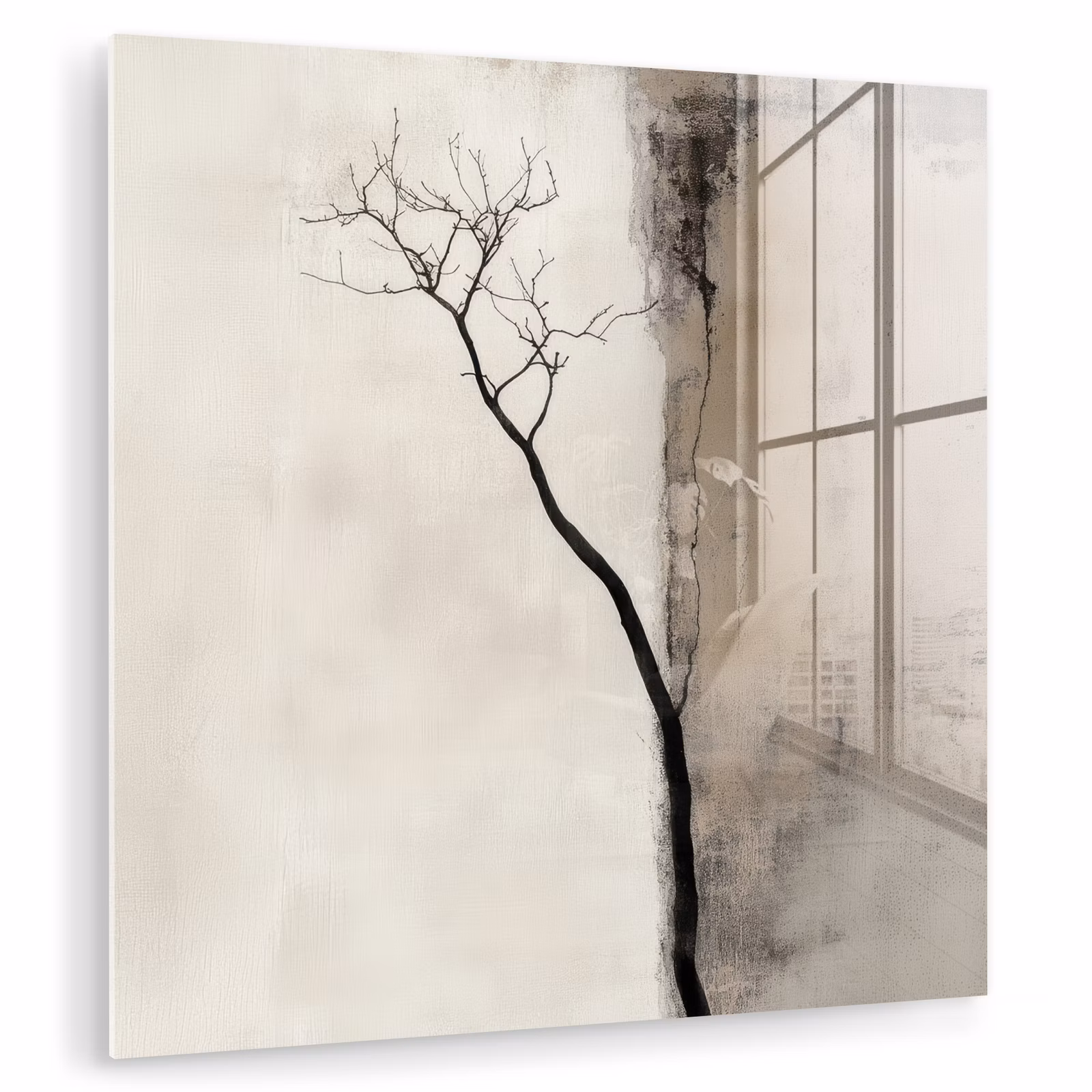 Glas schilderij - Kale Boom Beige Abstract — 1