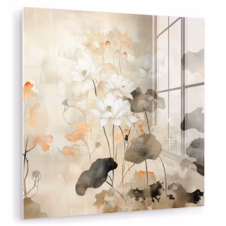 Glas schilderij - Witte Lotusbloemen Aquarel