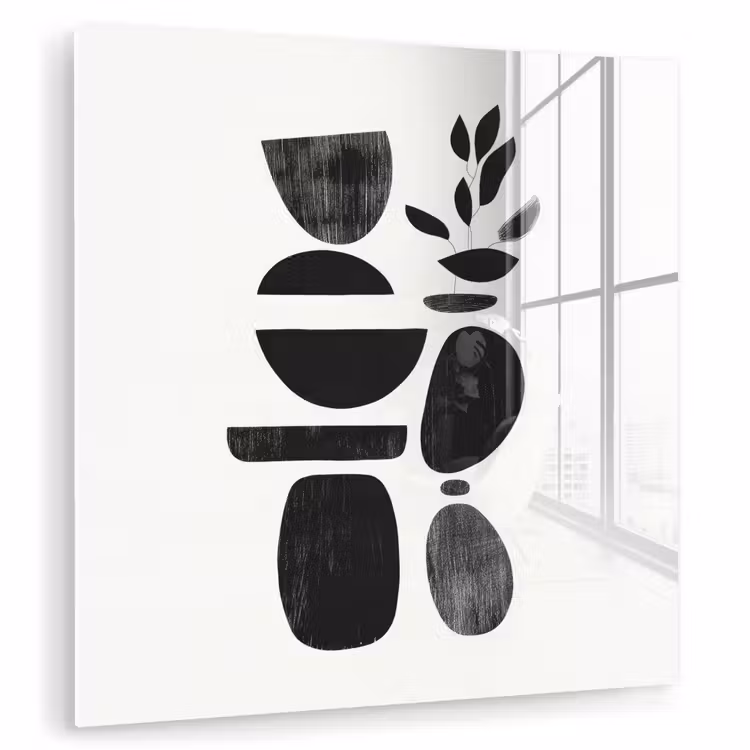 Glas schilderij - Abstracte Vormen Plant Zwart Wit