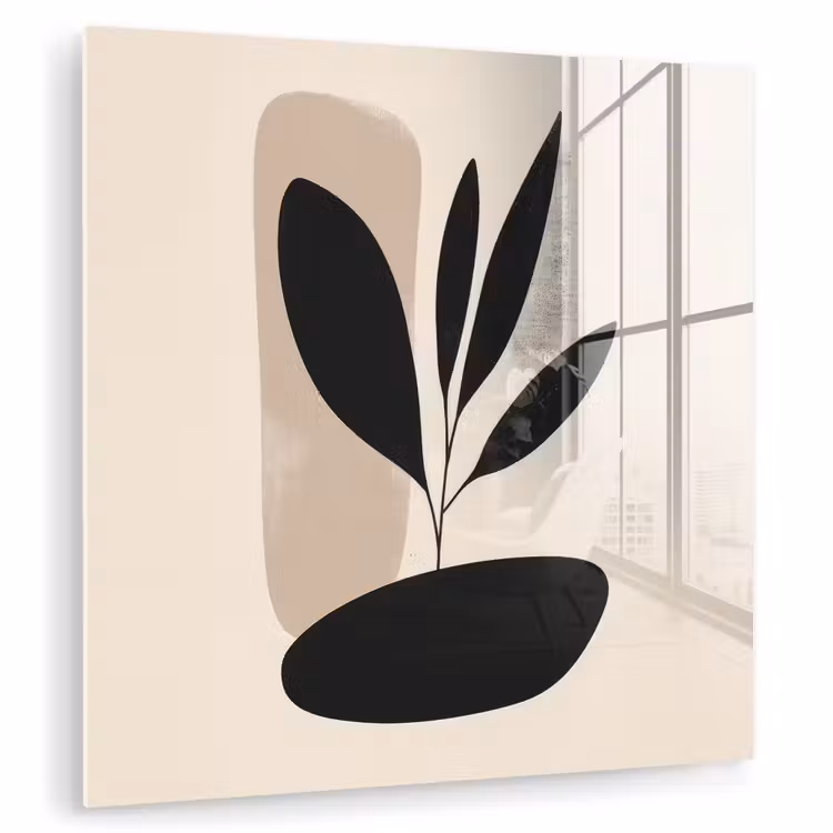 Glas schilderij - Abstracte Plant Zwart Beige