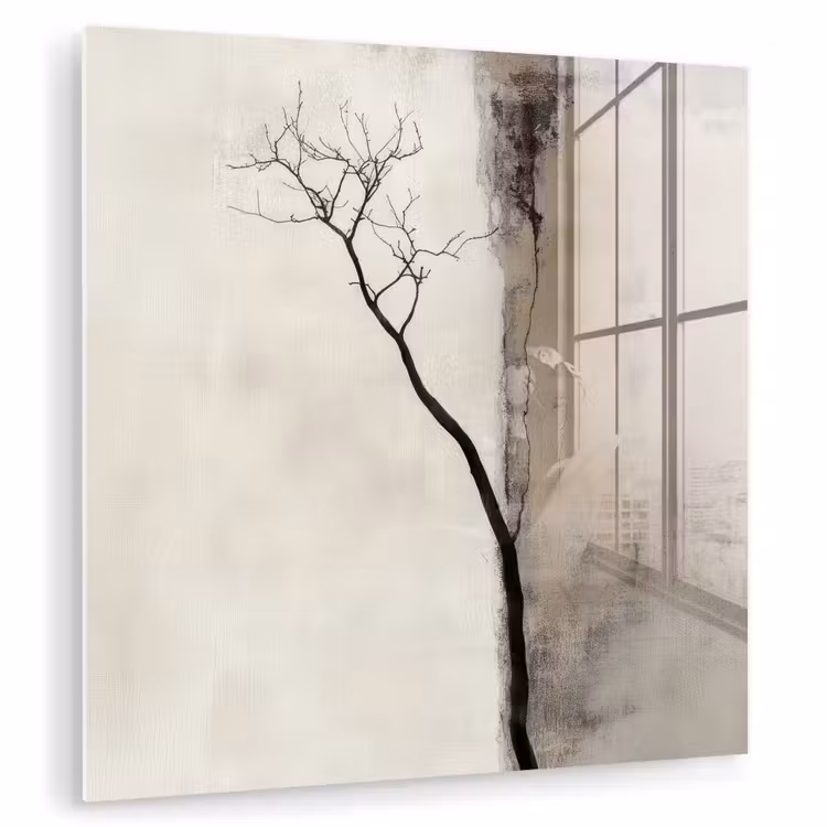 Glas schilderij - Kale Boom Beige Abstract