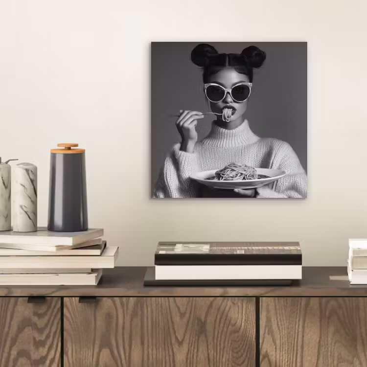 Aluminium schilderij - Vrouw met Zonnebril Spaghetti Zwart Wit — 2