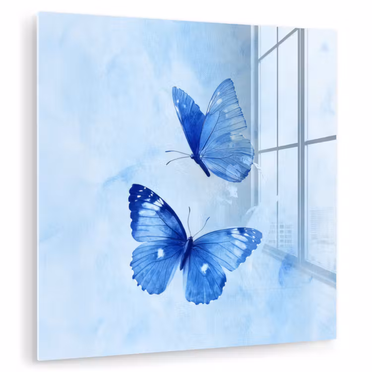 Glas schilderij - Blauwe Vlinders Aquarel