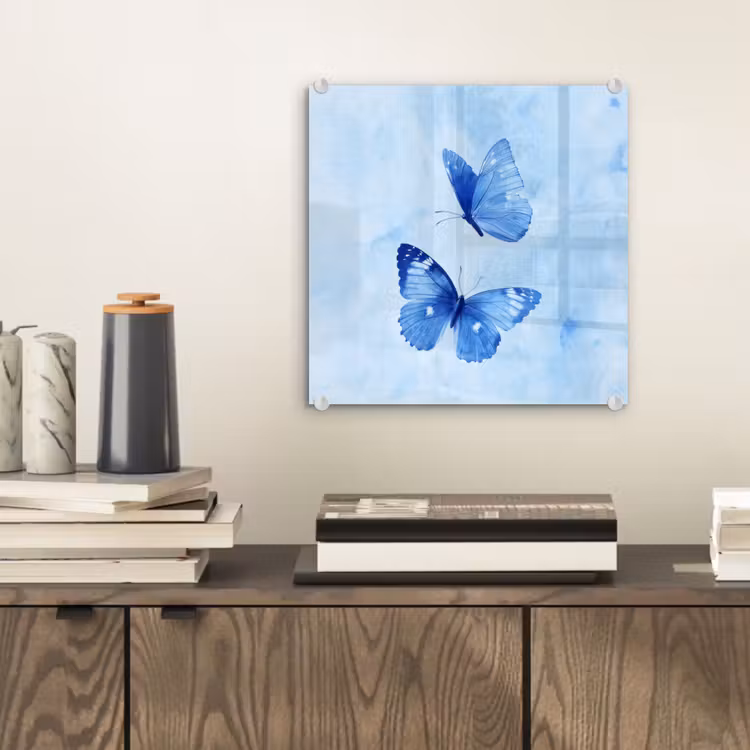 Glas schilderij - Blauwe Vlinders Aquarel — 2