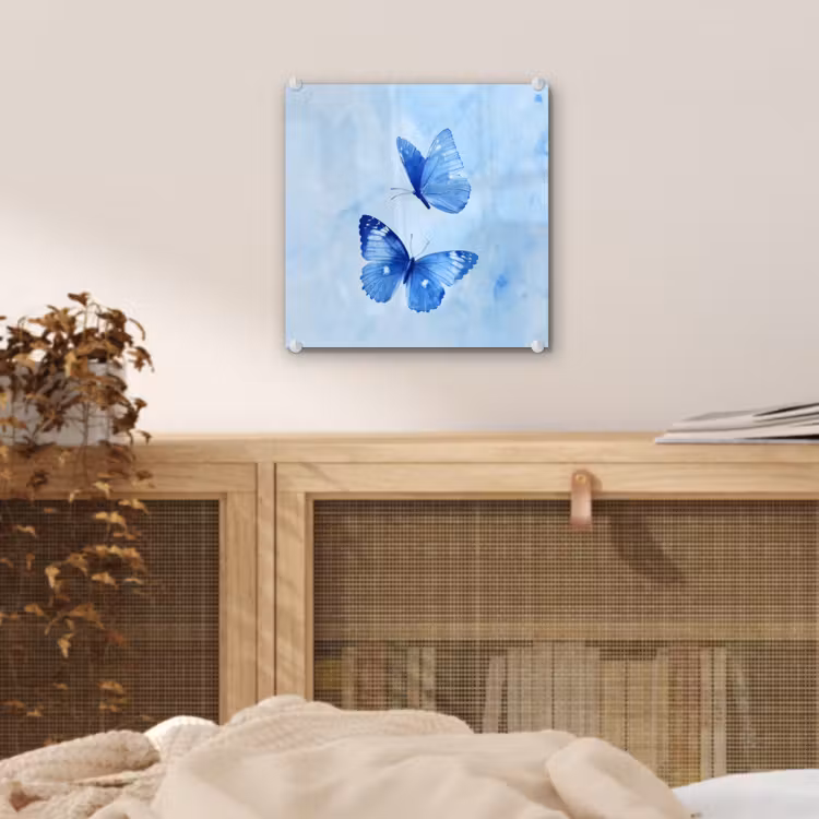 Glas schilderij - Blauwe Vlinders Aquarel — 5