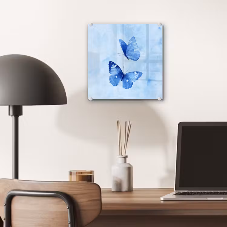 Glas schilderij - Blauwe Vlinders Aquarel — 7