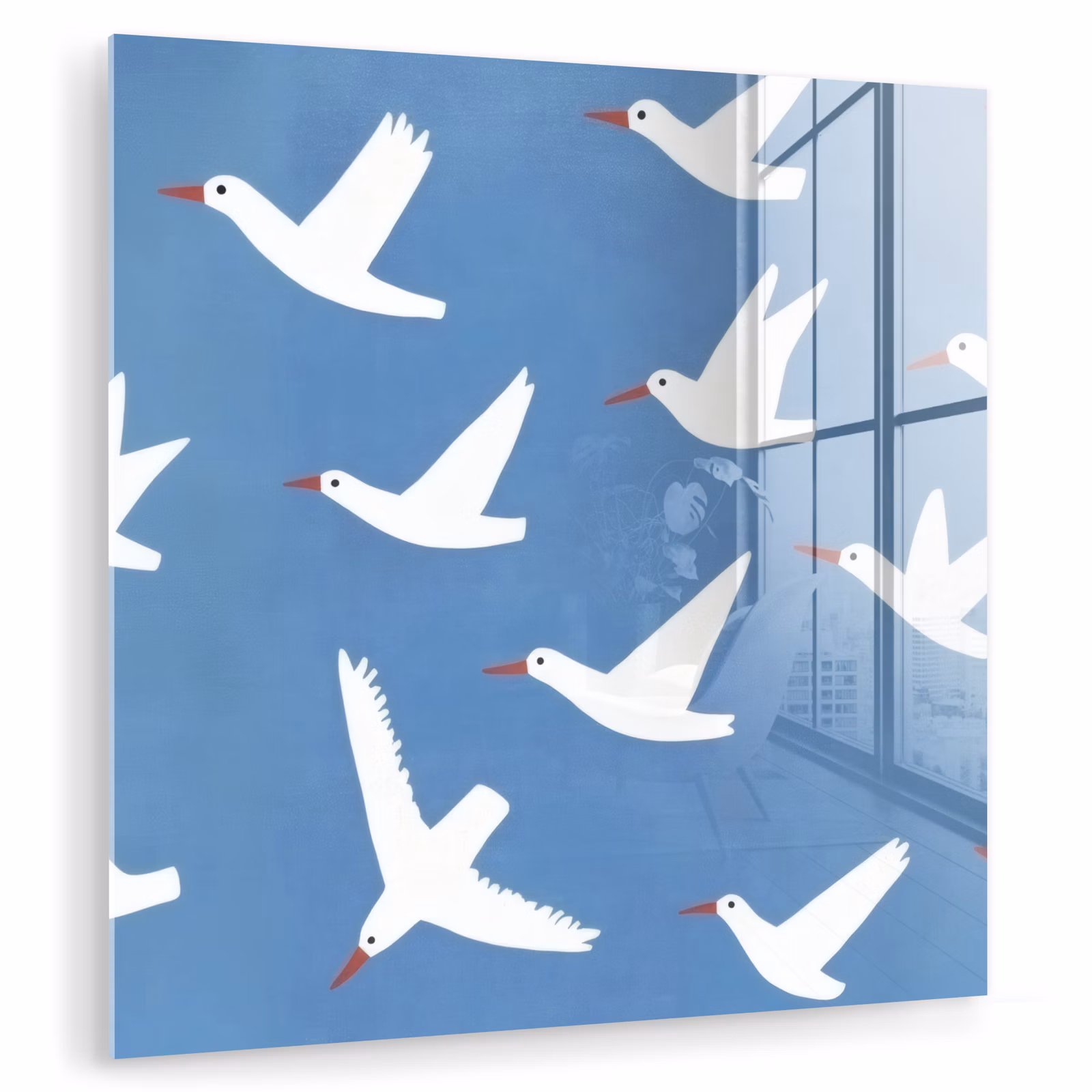 Glas schilderij - Vliegende Vogels op Blauw — 1