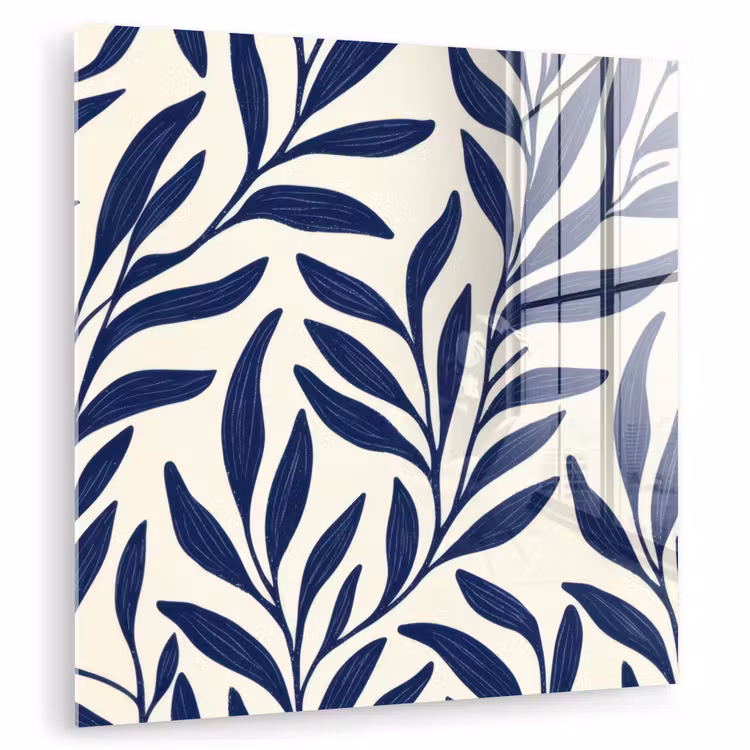 Glas schilderij - Marineblauwe Bladeren Patroon