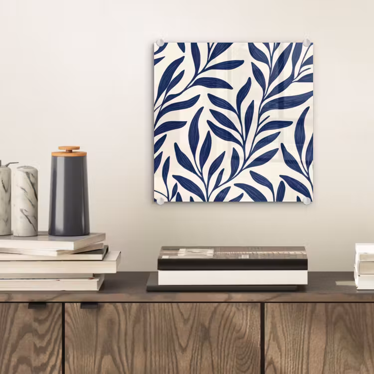 Glas schilderij - Marineblauwe Bladeren Patroon — 2