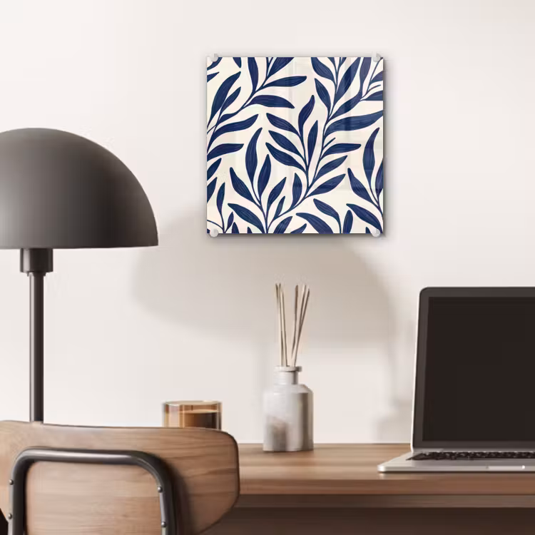 Glas schilderij - Marineblauwe Bladeren Patroon — 7