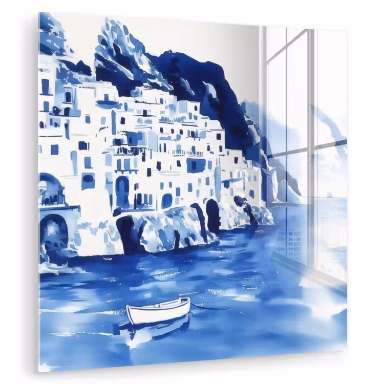Glas schilderij - Amalfikust Aquarel Blauw