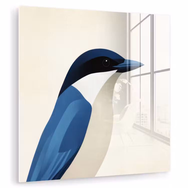 Glas schilderij - Blauwe Vogel Minimalistisch