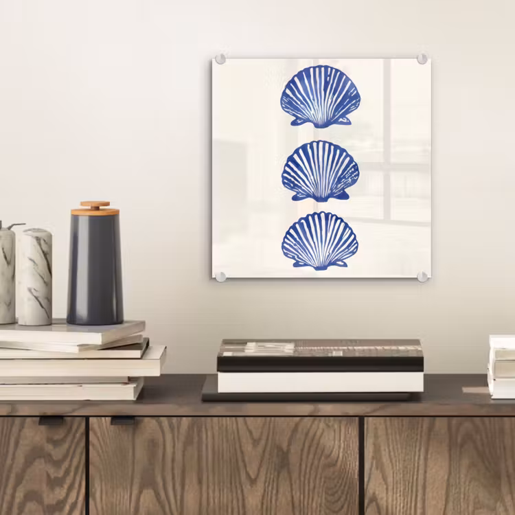 Glas schilderij - Blauwe Schelpen Linoleumdruk — 2