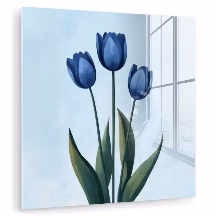 Glas schilderij - Blauwe Tulpen