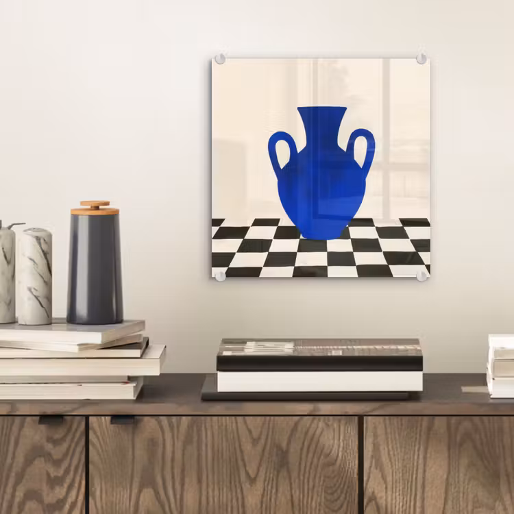 Glas schilderij - Blauwe Vaas Geblokte Vloer — 2