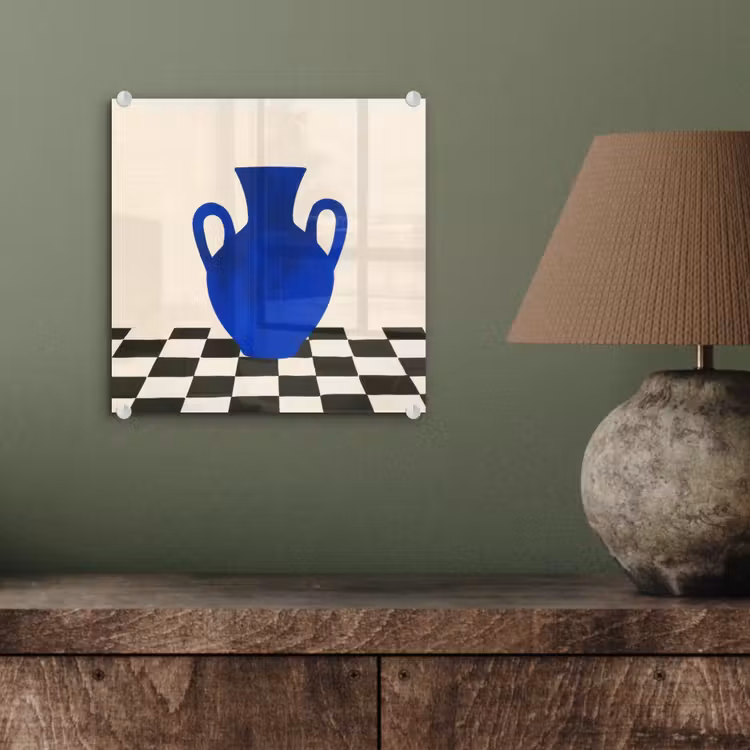 Glas schilderij - Blauwe Vaas Geblokte Vloer — 4