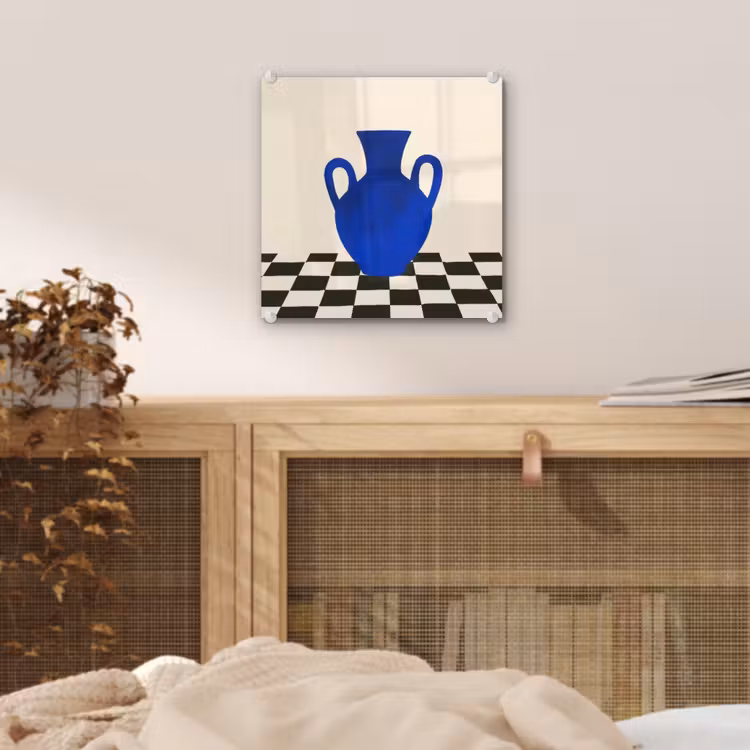Glas schilderij - Blauwe Vaas Geblokte Vloer — 5