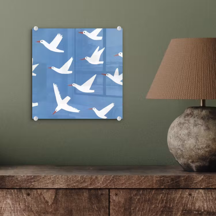 Glas schilderij - Vliegende Vogels op Blauw — 4