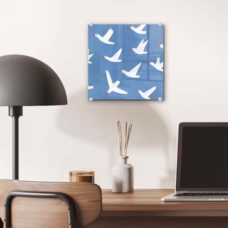 Glas schilderij - Vliegende Vogels op Blauw — 7