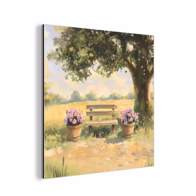 Aluminium schilderij - Houten bankje - Bloempotten - Landschap — 1