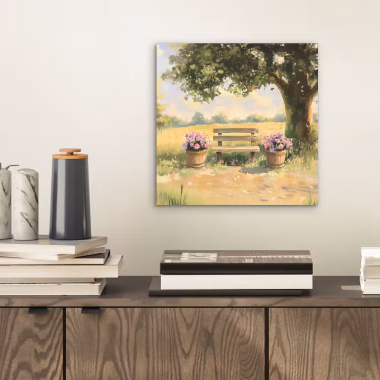 Aluminium schilderij - Houten bankje - Bloempotten - Landschap — 2