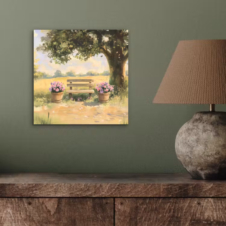 Aluminium schilderij - Houten bankje - Bloempotten - Landschap — 3