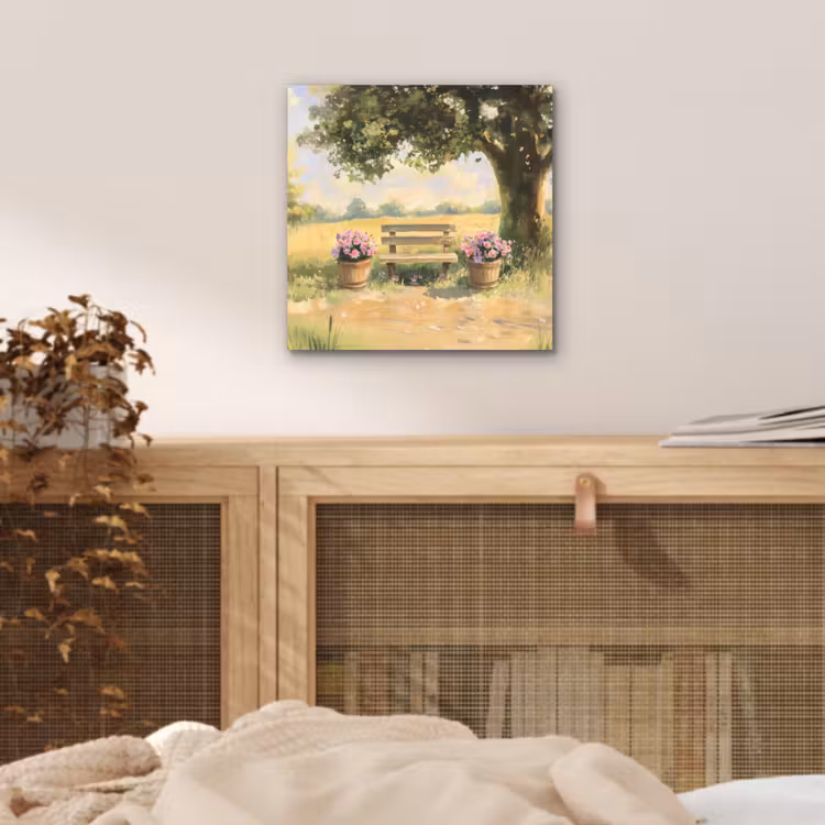 Aluminium schilderij - Houten bankje - Bloempotten - Landschap — 4