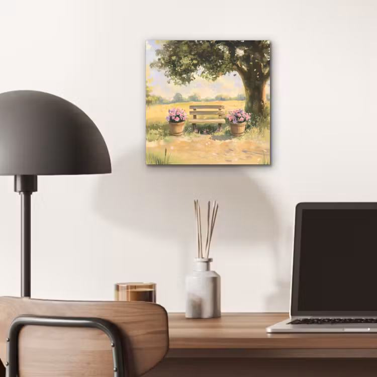 Aluminium schilderij - Houten bankje - Bloempotten - Landschap — 6