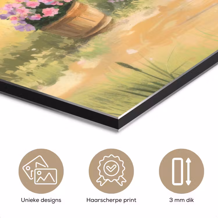 Aluminium schilderij - Houten bankje - Bloempotten - Landschap — 7