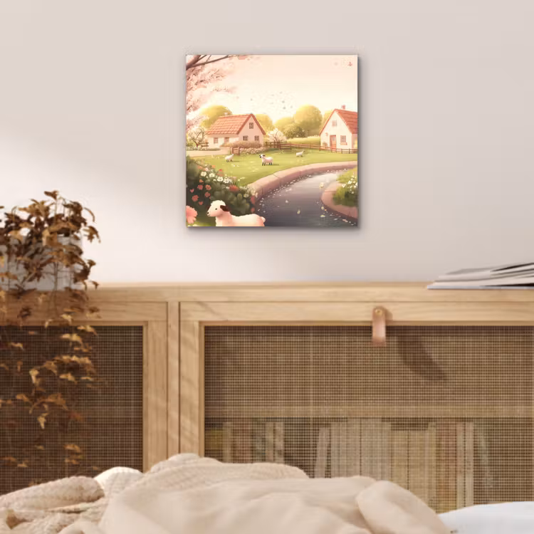 Aluminium schilderij - Schapen - Huisje - Platteland — 4