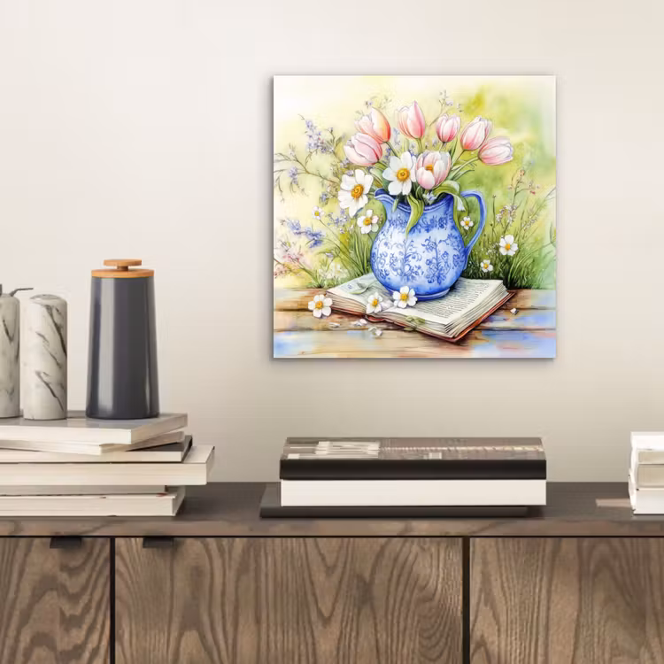 Aluminium schilderij - Vaas - Delftsblauw - Madeliefjes — 2