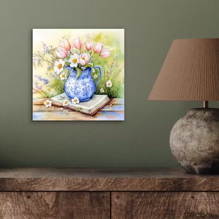 Aluminium schilderij - Vaas - Delftsblauw - Madeliefjes — 3