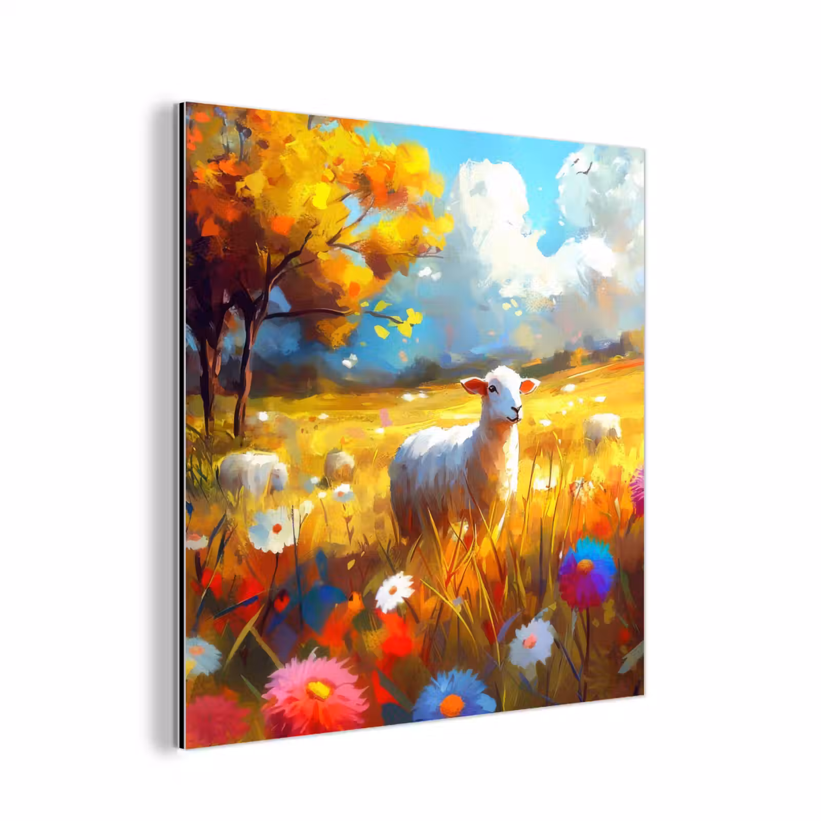 Aluminium schilderij - Schaap - Weide - Bloemen — 1