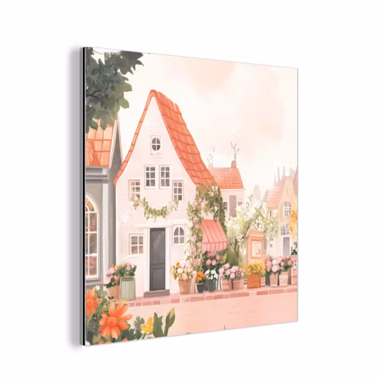 Aluminium schilderij - Bloemen - Huizen - Dorp — 1