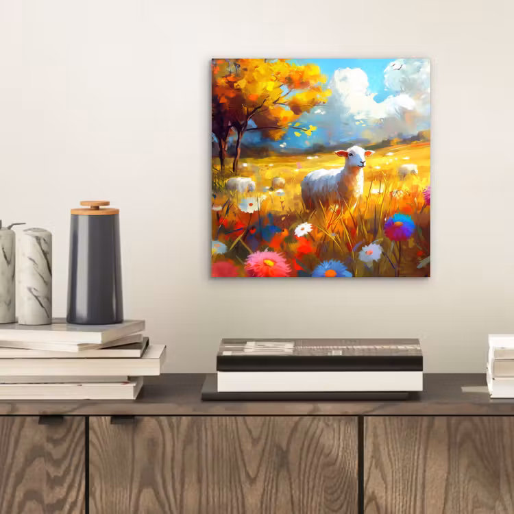 Aluminium schilderij - Schaap - Weide - Bloemen — 2