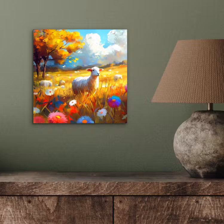 Aluminium schilderij - Schaap - Weide - Bloemen — 3
