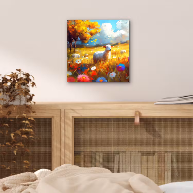Aluminium schilderij - Schaap - Weide - Bloemen — 4