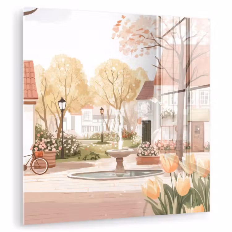 Glas schilderij - Dorpsplein - Fontein - Tulpen — 1