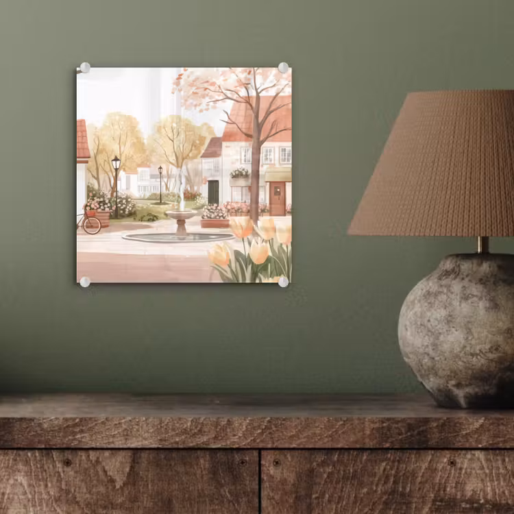 Glas schilderij - Dorpsplein - Fontein - Tulpen — 4