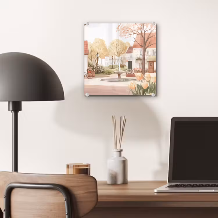 Glas schilderij - Dorpsplein - Fontein - Tulpen — 7