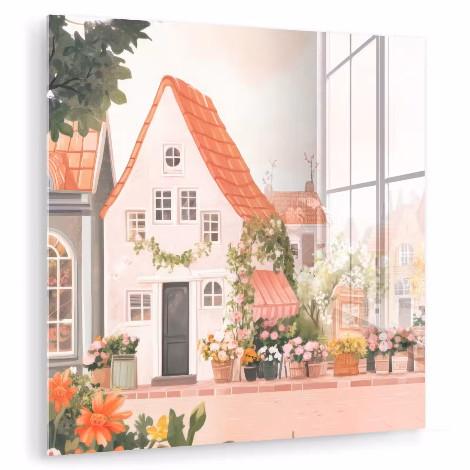 Glas schilderij - Bloemen - Huizen - Dorp — 1